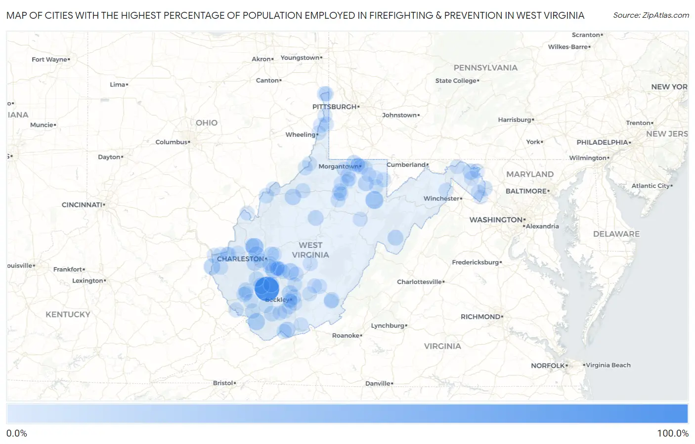 Cities with the Highest Percentage of Population Employed in Firefighting & Prevention in West Virginia Map