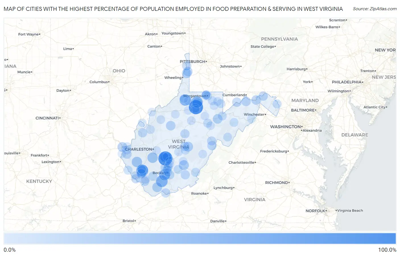 Cities with the Highest Percentage of Population Employed in Food Preparation & Serving in West Virginia Map