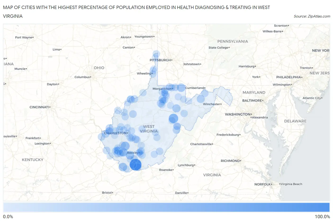 Cities with the Highest Percentage of Population Employed in Health Diagnosing & Treating in West Virginia Map