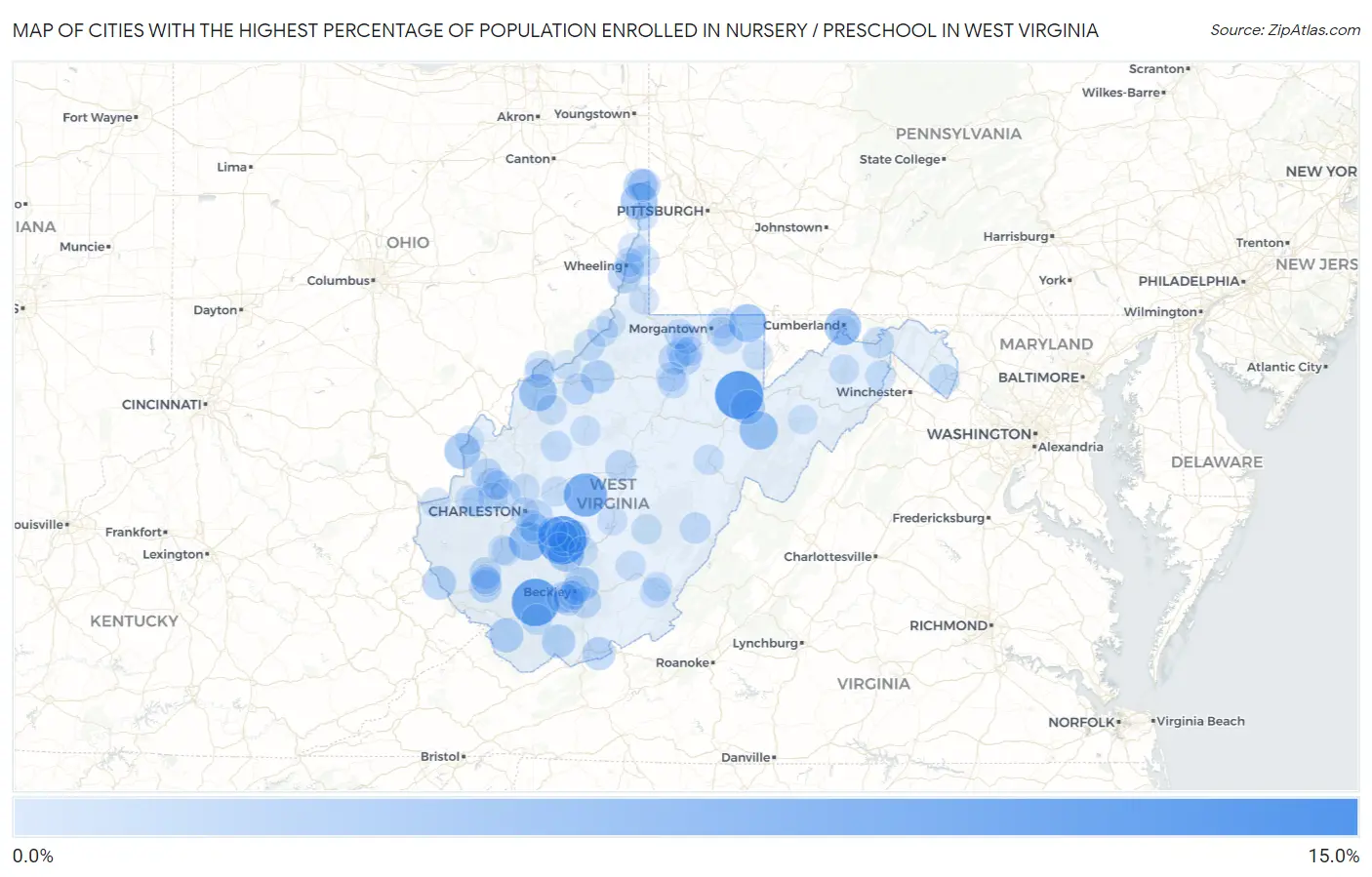 Cities with the Highest Percentage of Population Enrolled in Nursery / Preschool in West Virginia Map