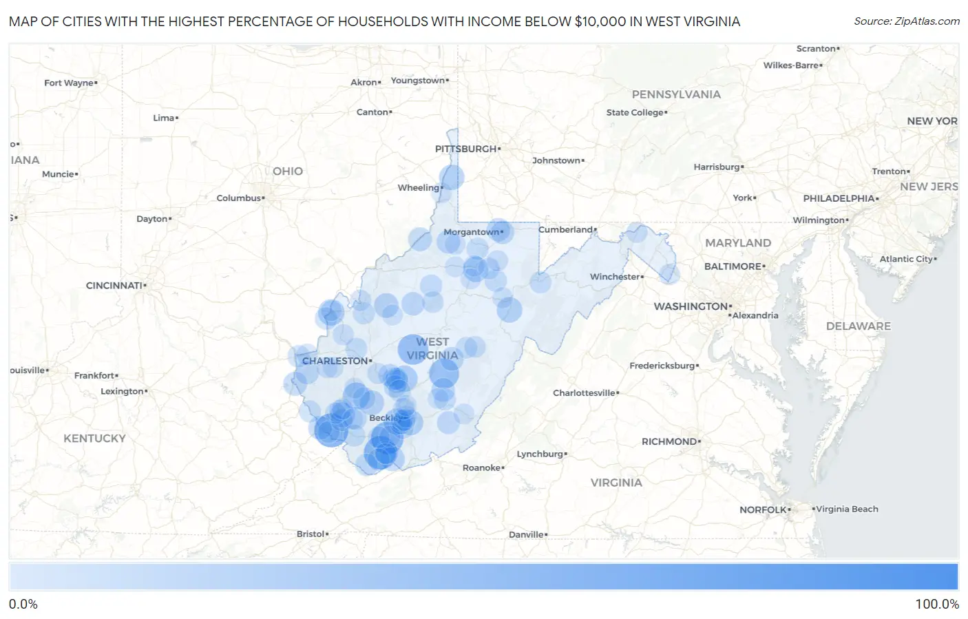 Cities with the Highest Percentage of Households with Income Below $10,000 in West Virginia Map