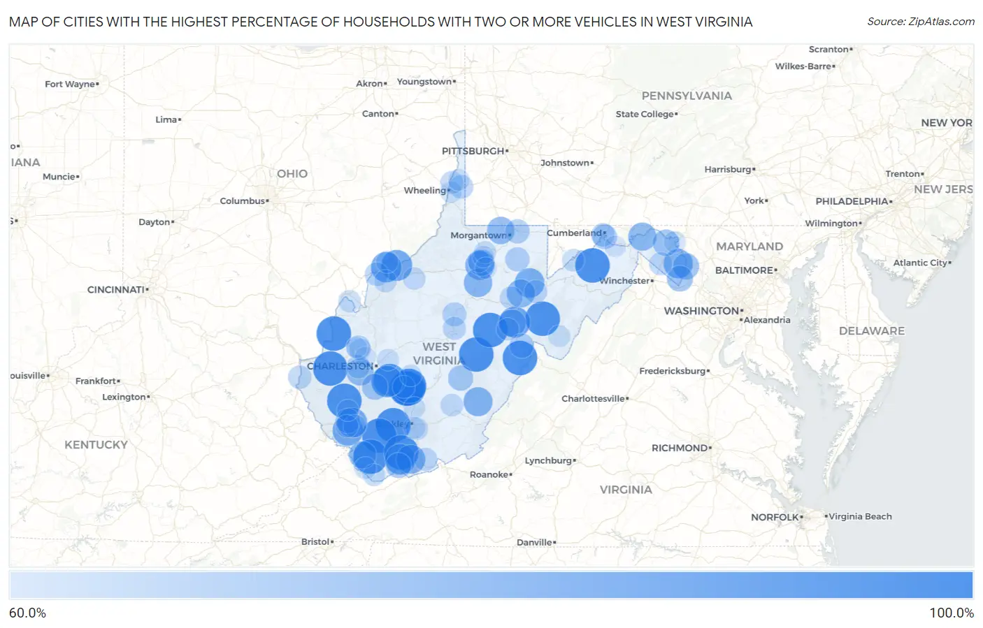 Cities with the Highest Percentage of Households With Two or more Vehicles in West Virginia Map