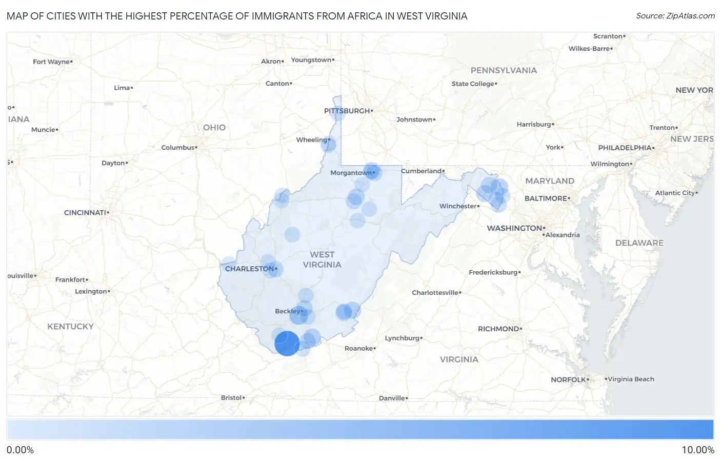 Cities with the Highest Percentage of Immigrants from Africa in West Virginia Map