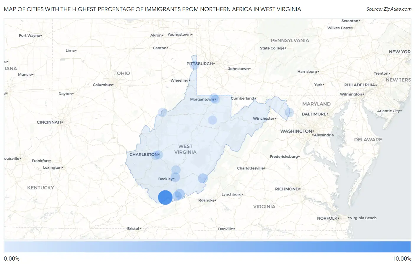 Cities with the Highest Percentage of Immigrants from Northern Africa in West Virginia Map