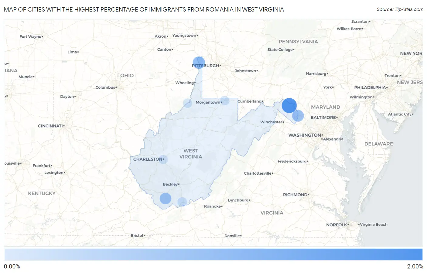 Cities with the Highest Percentage of Immigrants from Romania in West Virginia Map