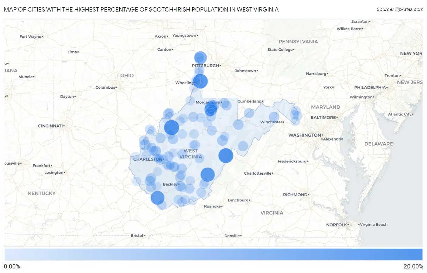 Cities with the Highest Percentage of Scotch-Irish Population in West Virginia Map