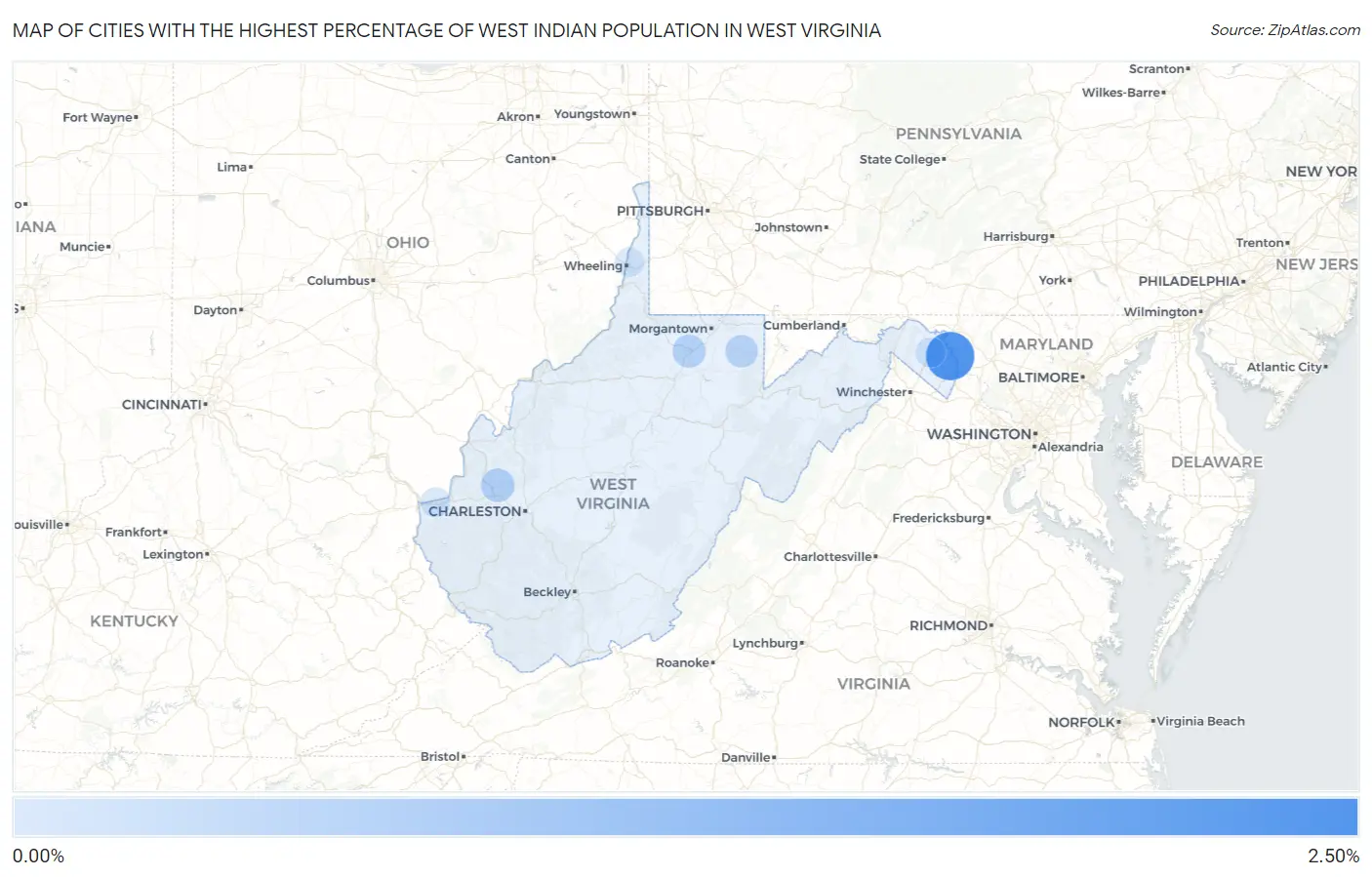 Cities with the Highest Percentage of West Indian Population in West Virginia Map