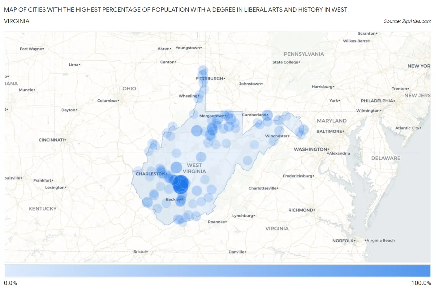 Cities with the Highest Percentage of Population with a Degree in Liberal Arts and History in West Virginia Map