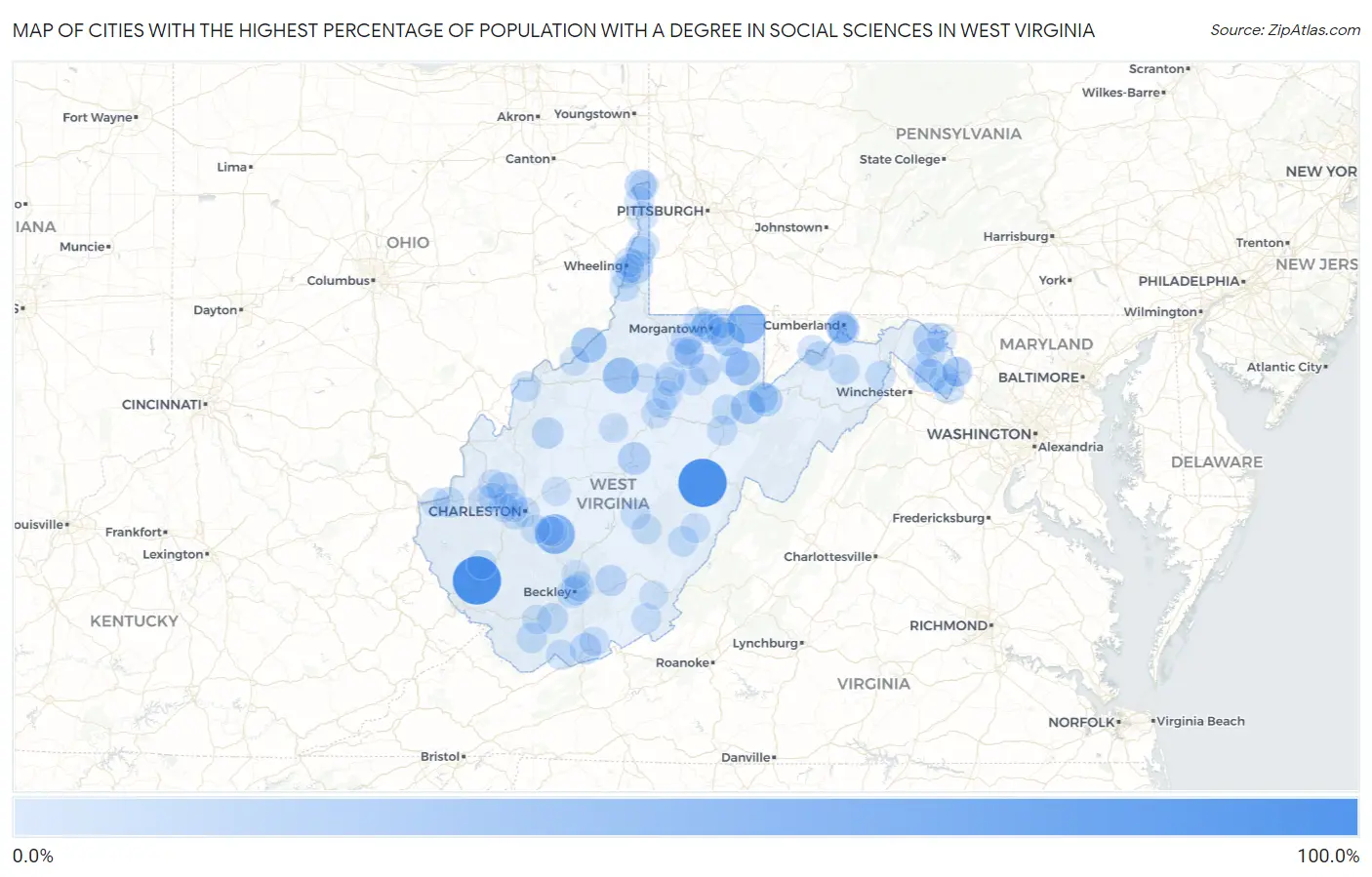 Cities with the Highest Percentage of Population with a Degree in Social Sciences in West Virginia Map