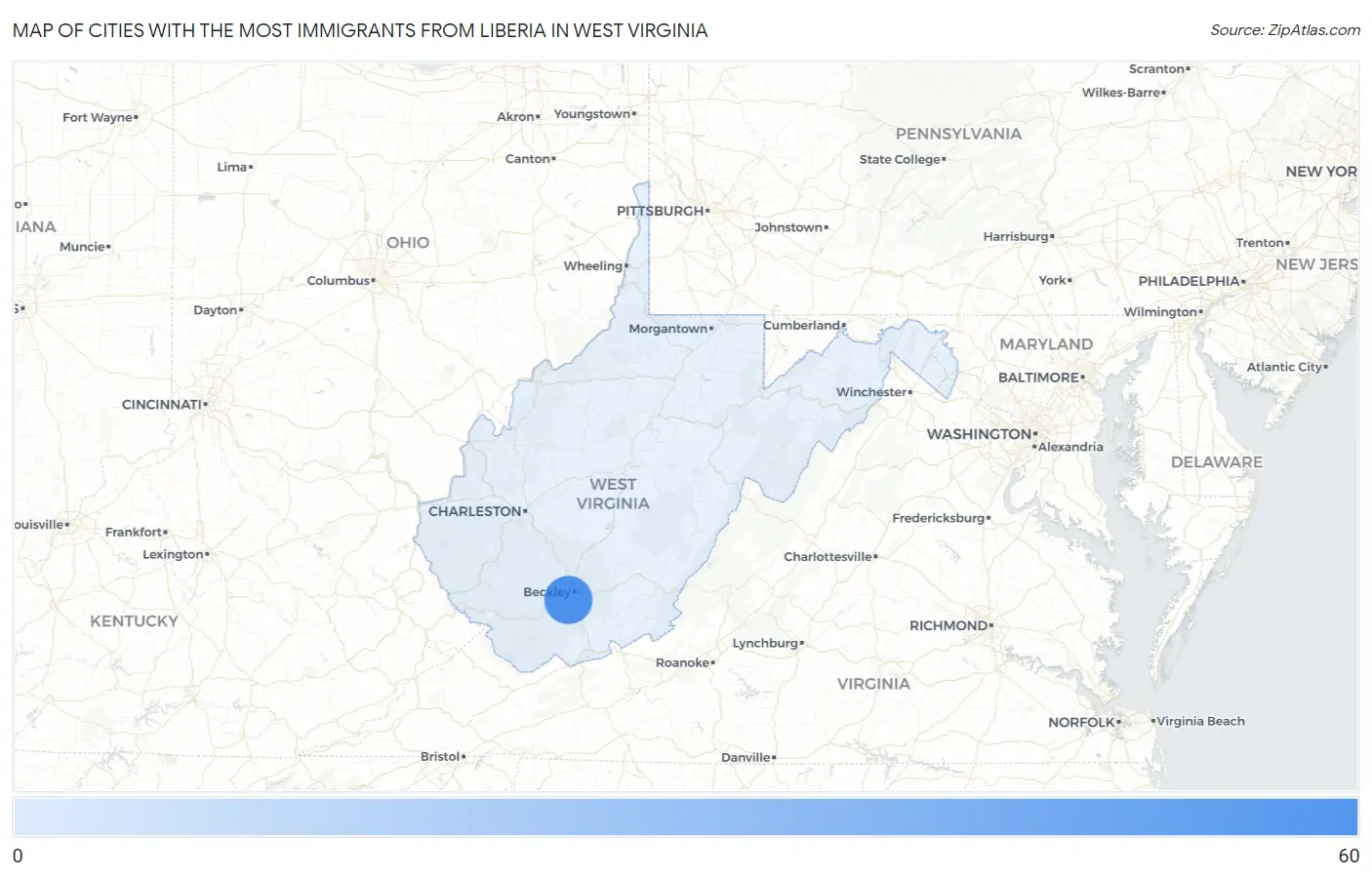 Cities with the Most Immigrants from Liberia in West Virginia Map