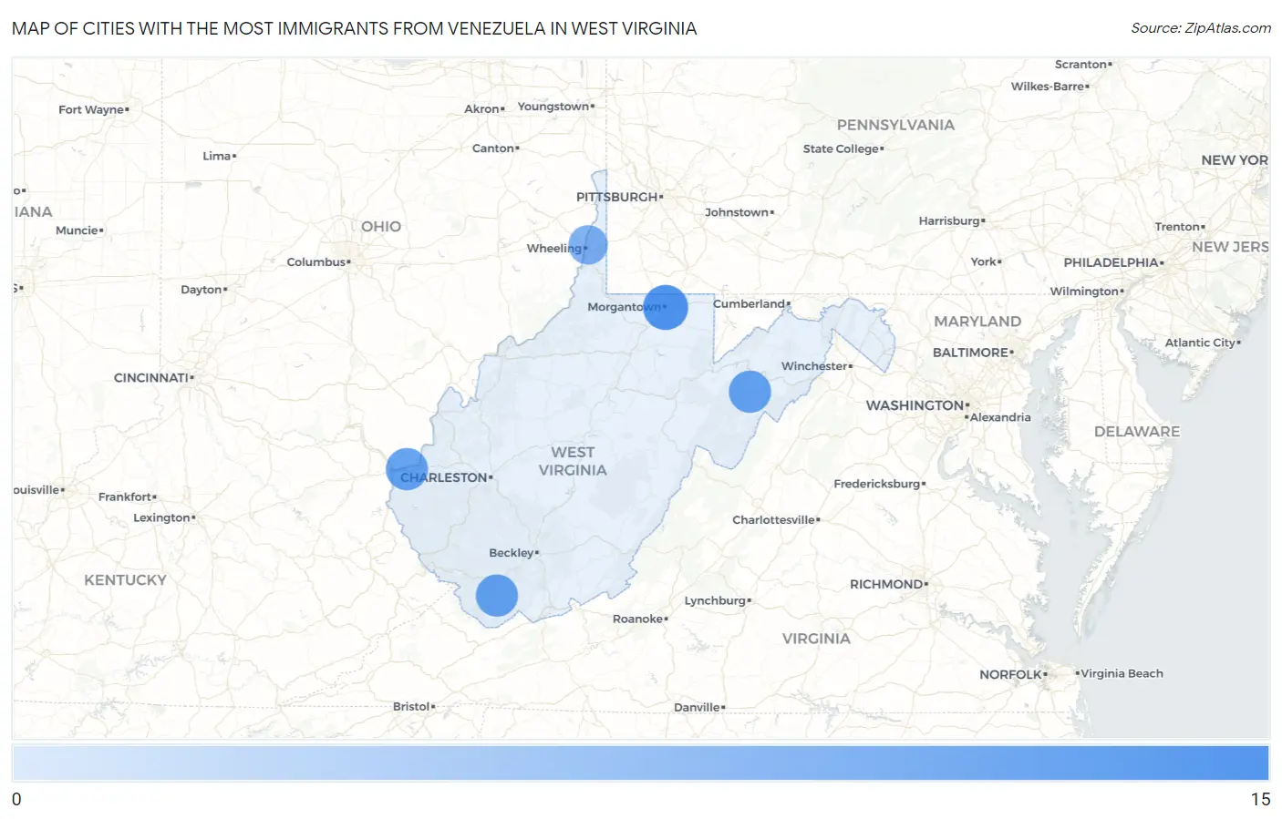 Cities with the Most Immigrants from Venezuela in West Virginia Map