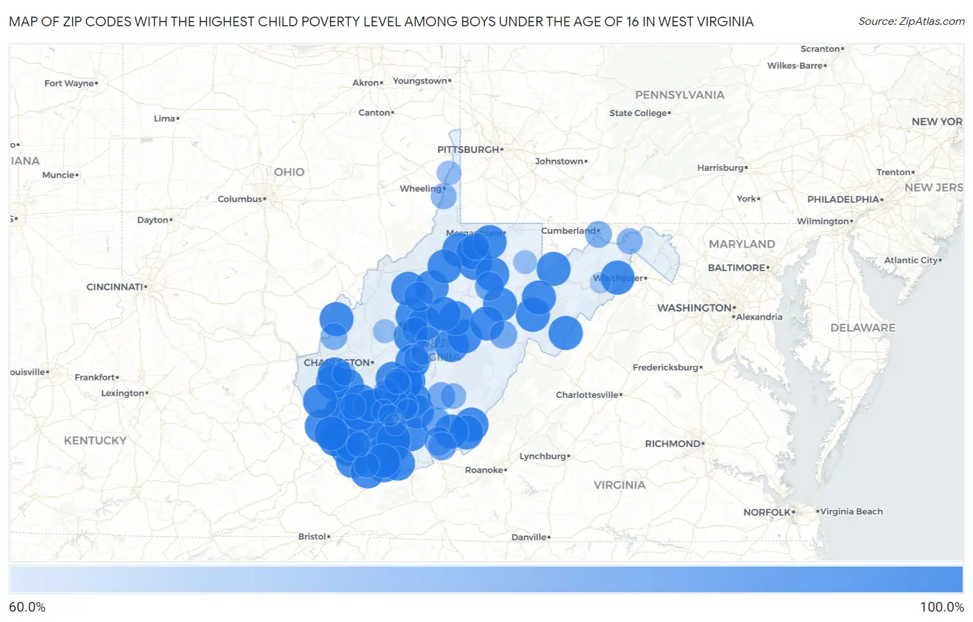 Zip Codes with the Highest Child Poverty Level Among Boys Under the Age of 16 in West Virginia Map