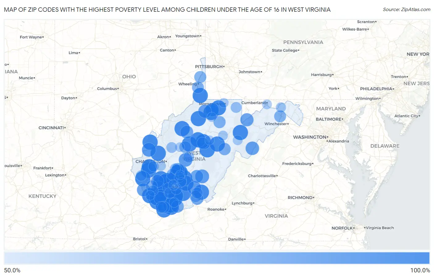 Zip Codes with the Highest Poverty Level Among Children Under the Age of 16 in West Virginia Map