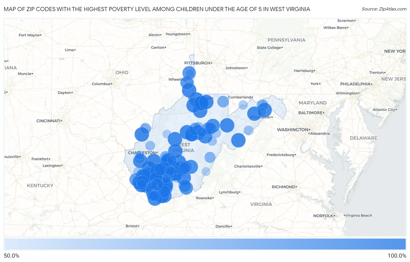 Zip Codes with the Highest Poverty Level Among Children Under the Age of 5 in West Virginia Map