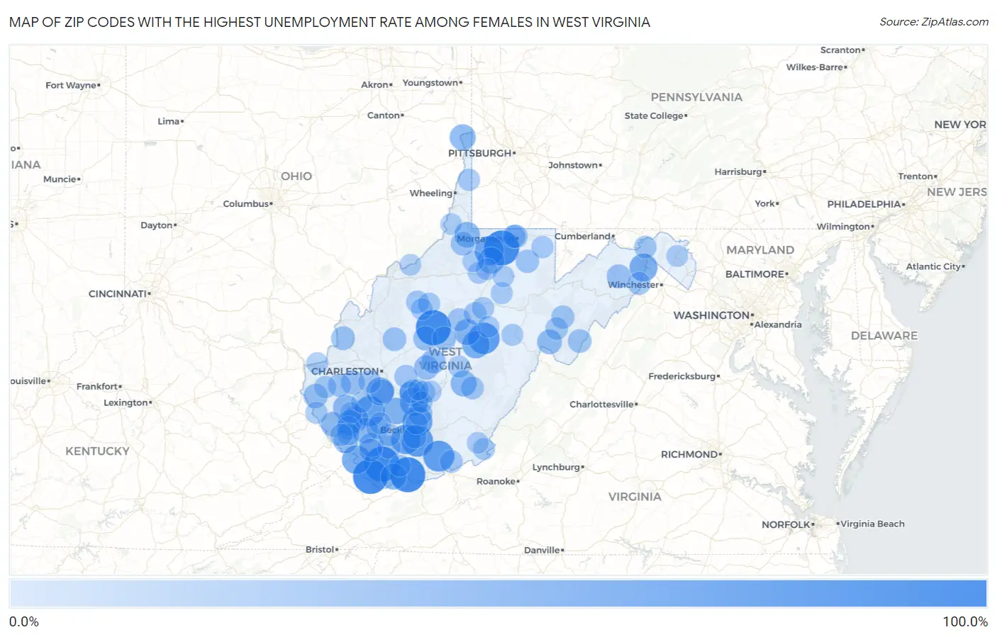 Zip Codes with the Highest Unemployment Rate Among Females in West Virginia Map
