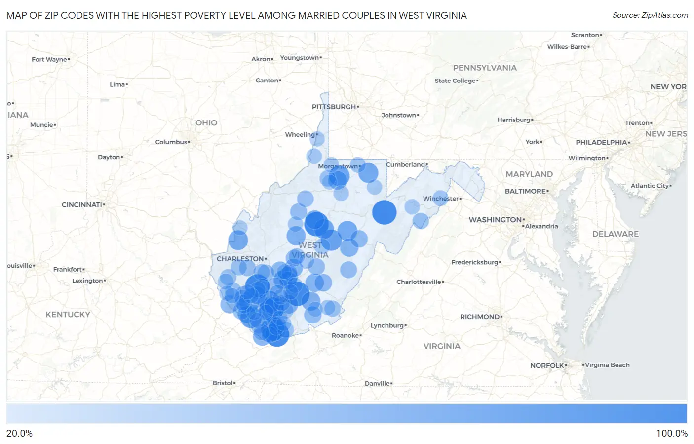 Zip Codes with the Highest Poverty Level Among Married Couples in West Virginia Map