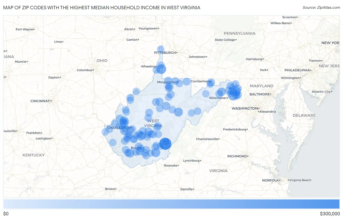 Zip Codes with the Highest Median Household Income in West Virginia Map