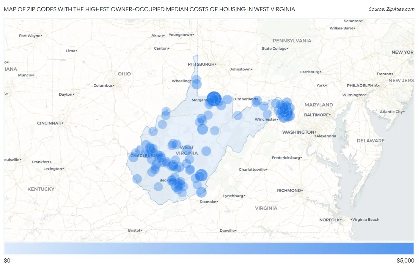 Zip Codes with the Highest Owner-Occupied Median Costs of Housing in West Virginia Map