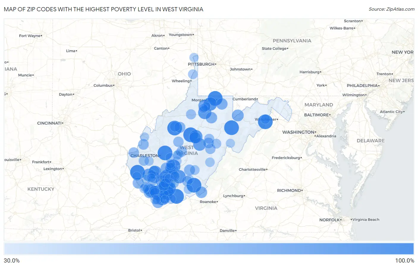 Zip Codes with the Highest Poverty Level in West Virginia Map
