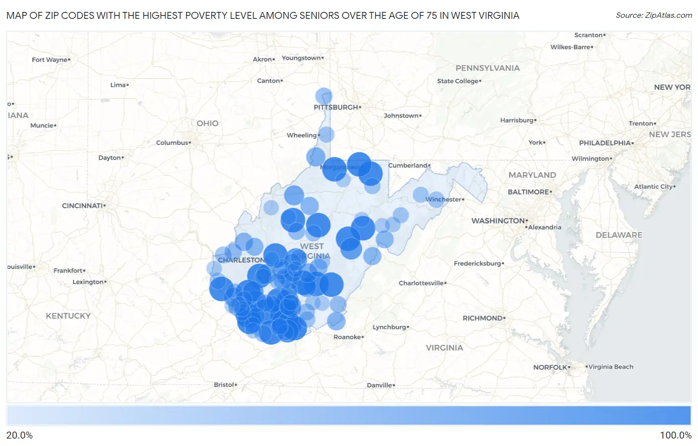Zip Codes with the Highest Poverty Level Among Seniors Over the Age of 75 in West Virginia Map