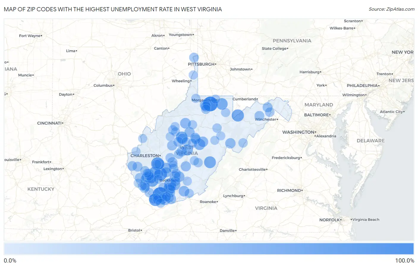 Zip Codes with the Highest Unemployment Rate in West Virginia Map