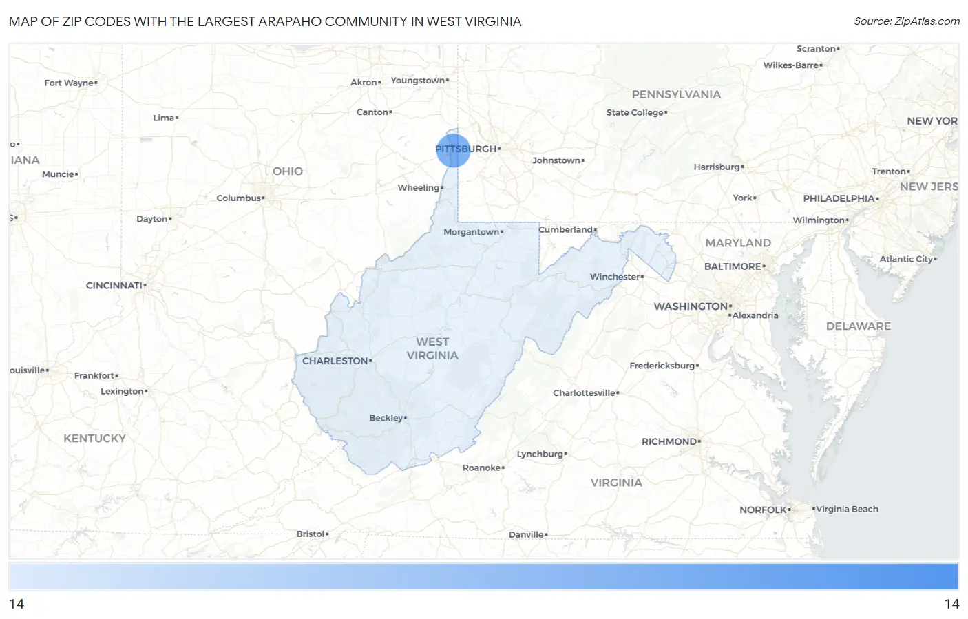 Zip Codes with the Largest Arapaho Community in West Virginia Map
