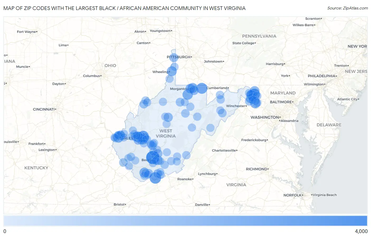 Zip Codes with the Largest Black / African American Community in West Virginia Map