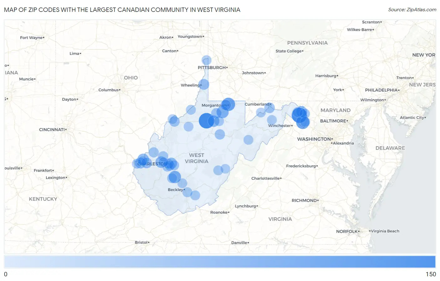 Zip Codes with the Largest Canadian Community in West Virginia Map