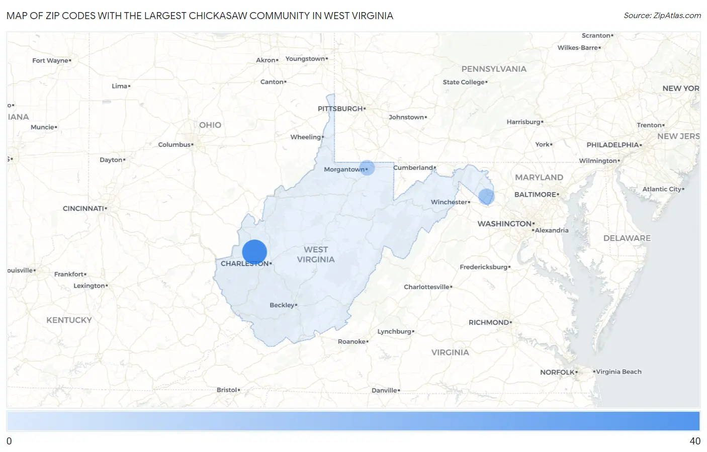 Zip Codes with the Largest Chickasaw Community in West Virginia Map