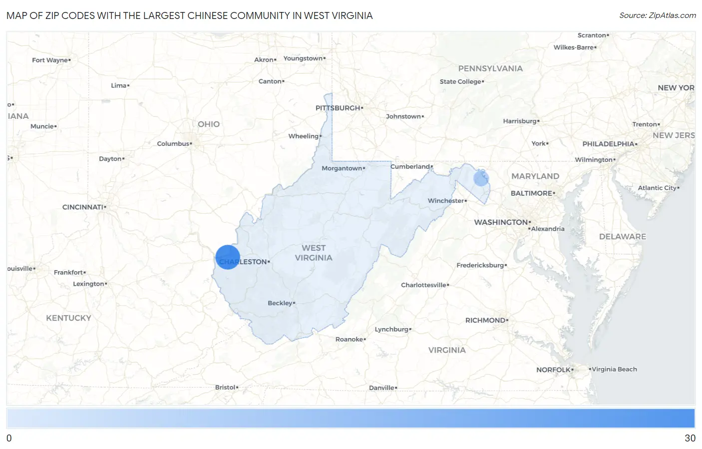 Zip Codes with the Largest Chinese Community in West Virginia Map