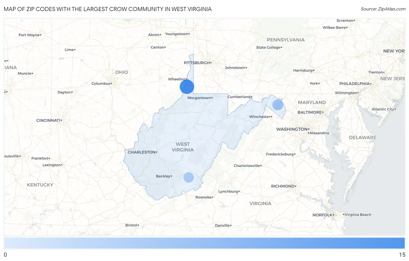 Zip Codes with the Largest Crow Community in West Virginia Map
