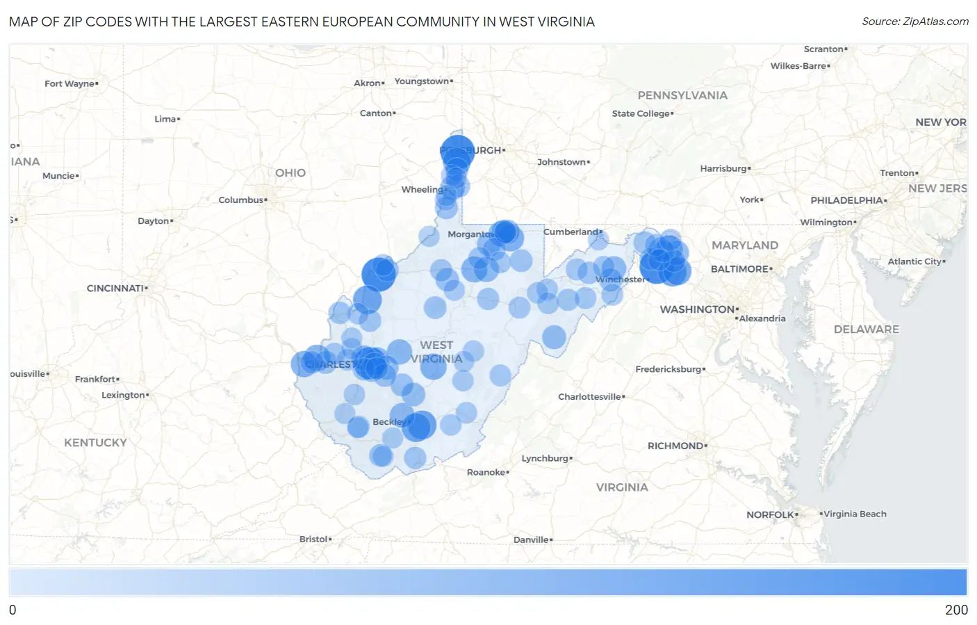 Zip Codes with the Largest Eastern European Community in West Virginia Map