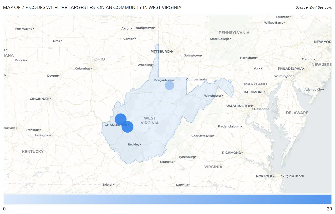 Zip Codes with the Largest Estonian Community in West Virginia Map