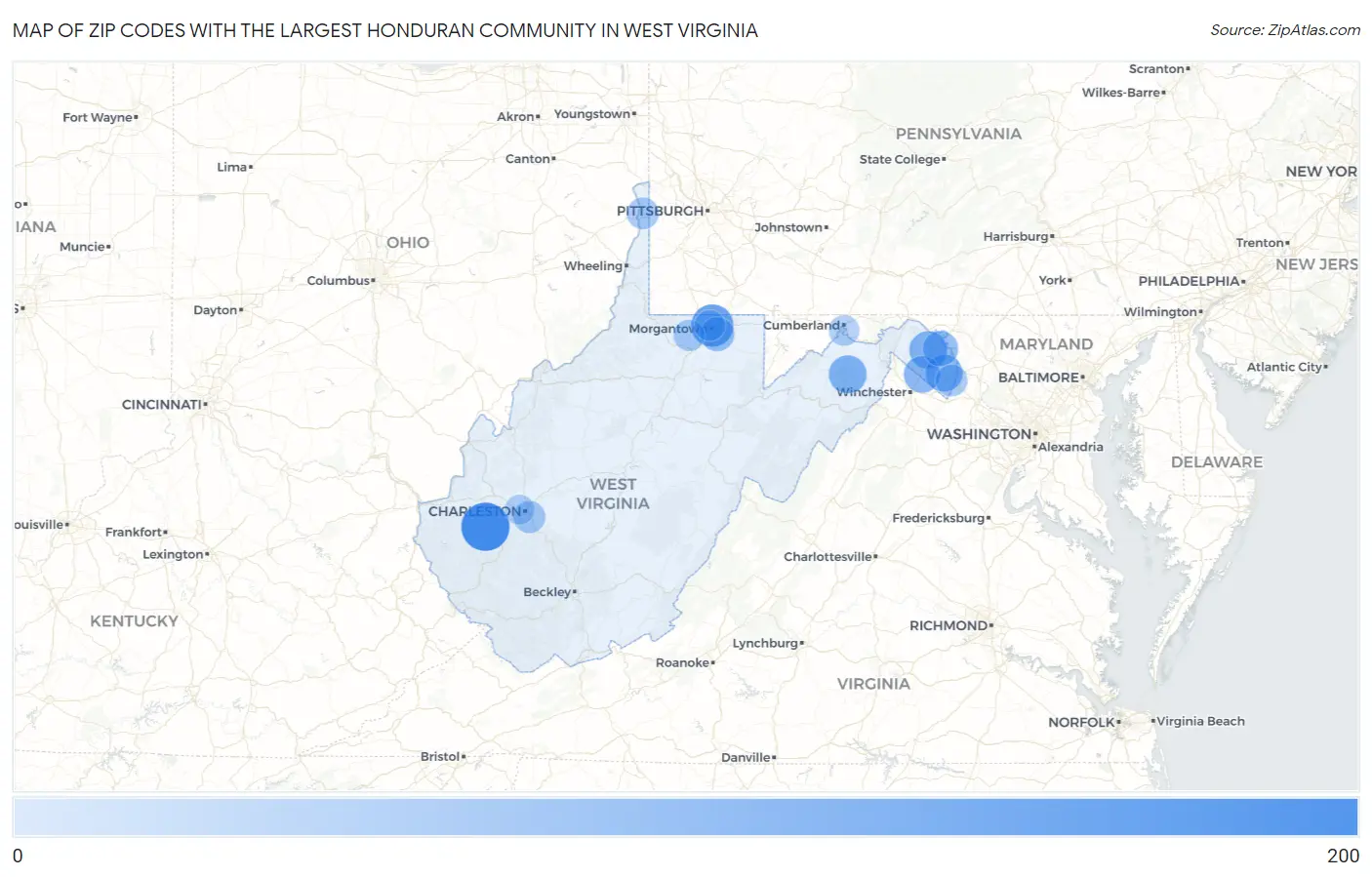 Zip Codes with the Largest Honduran Community in West Virginia Map