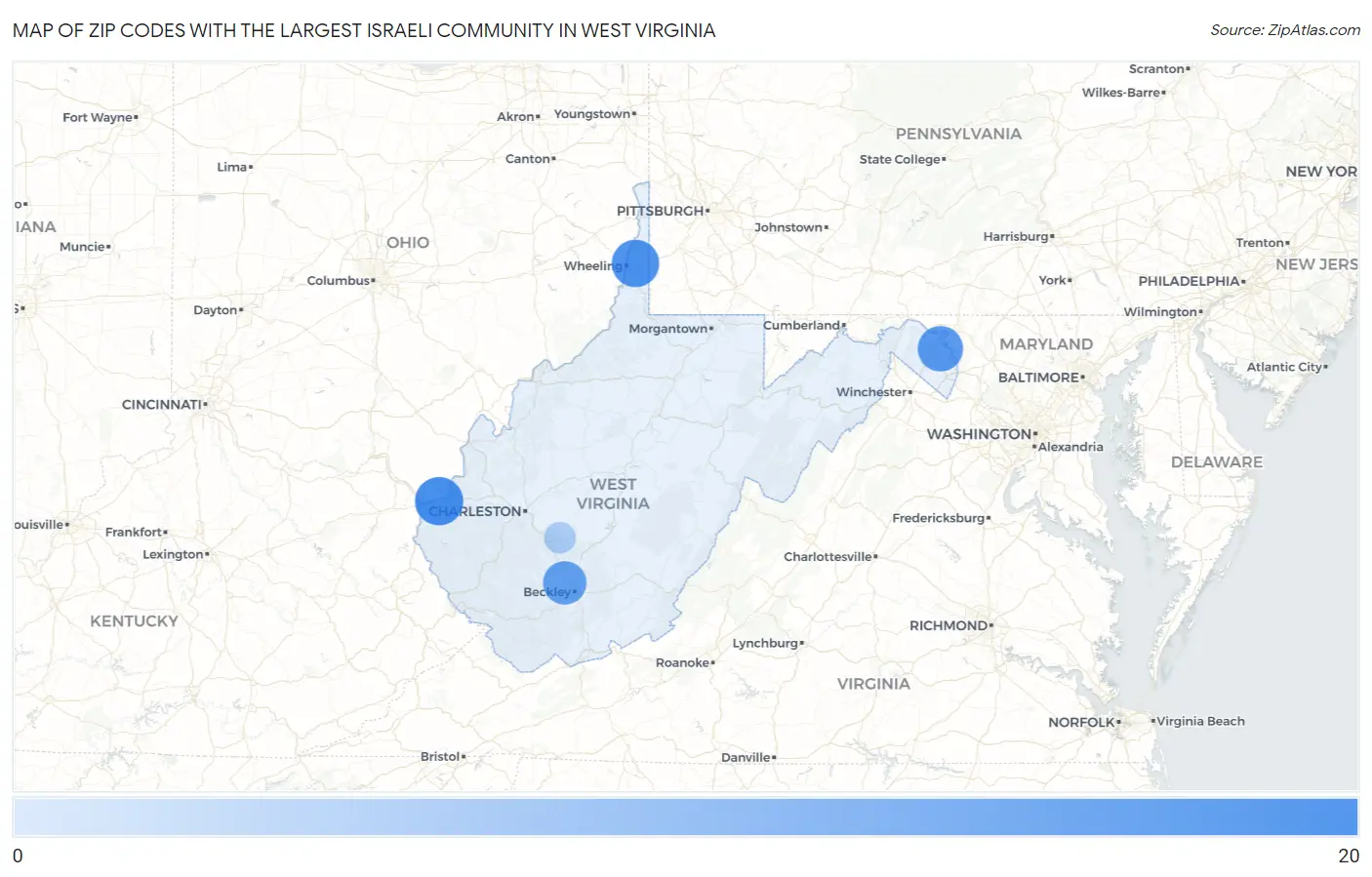 Zip Codes with the Largest Israeli Community in West Virginia Map
