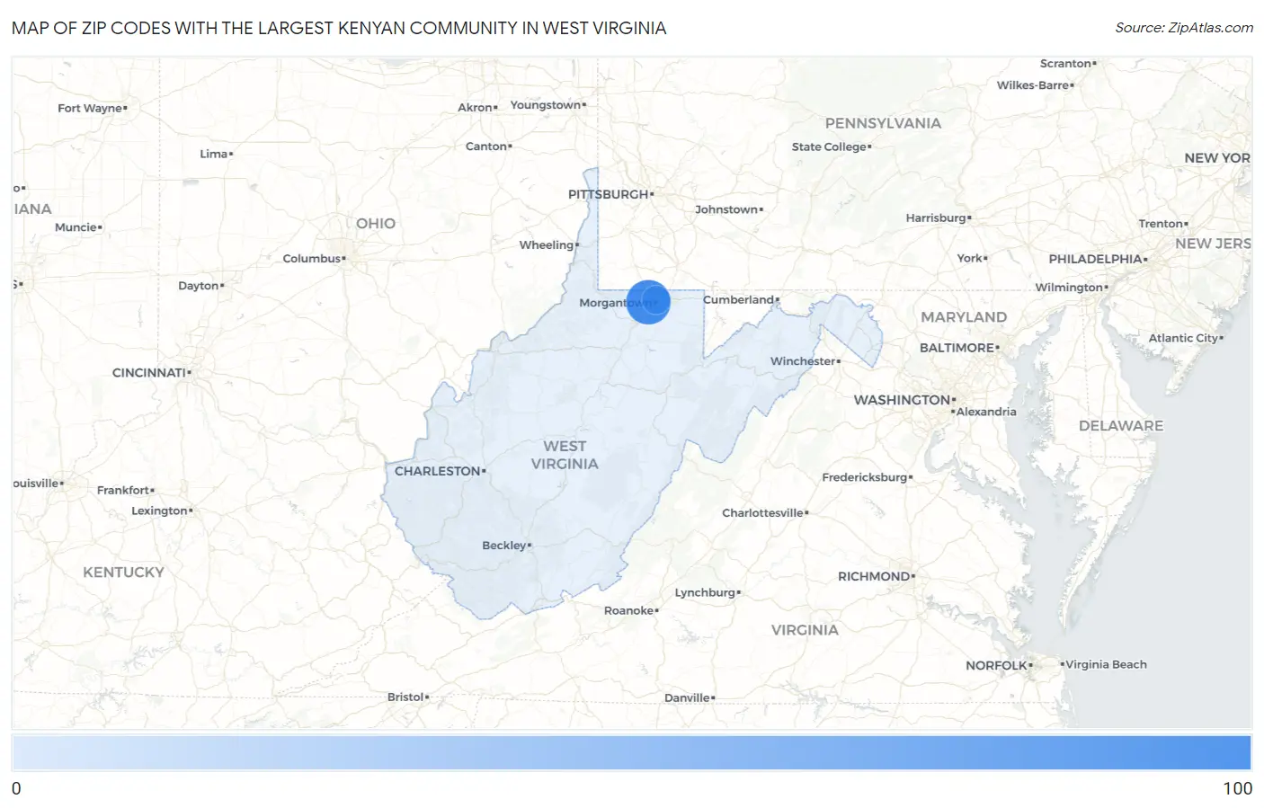 Zip Codes with the Largest Kenyan Community in West Virginia Map