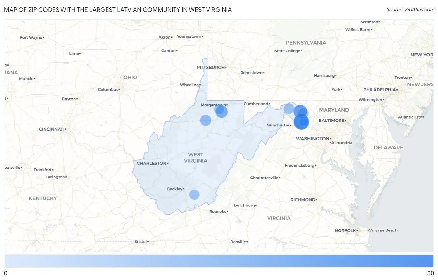 Zip Codes with the Largest Latvian Community in West Virginia Map