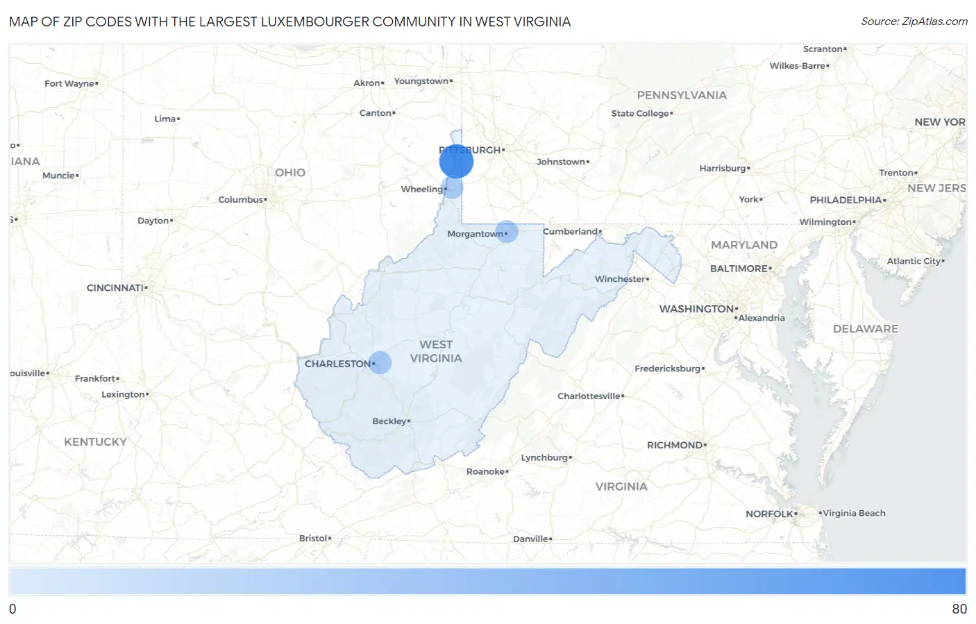 Zip Codes with the Largest Luxembourger Community in West Virginia Map