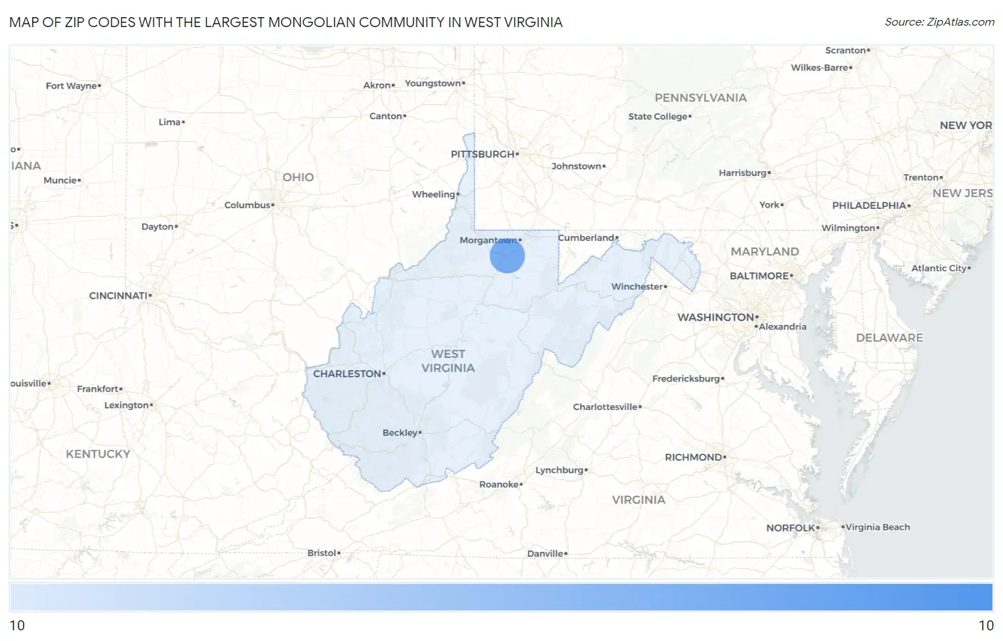 Zip Codes with the Largest Mongolian Community in West Virginia Map