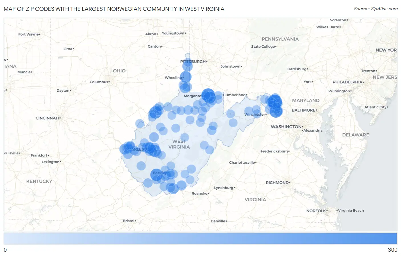 Zip Codes with the Largest Norwegian Community in West Virginia Map