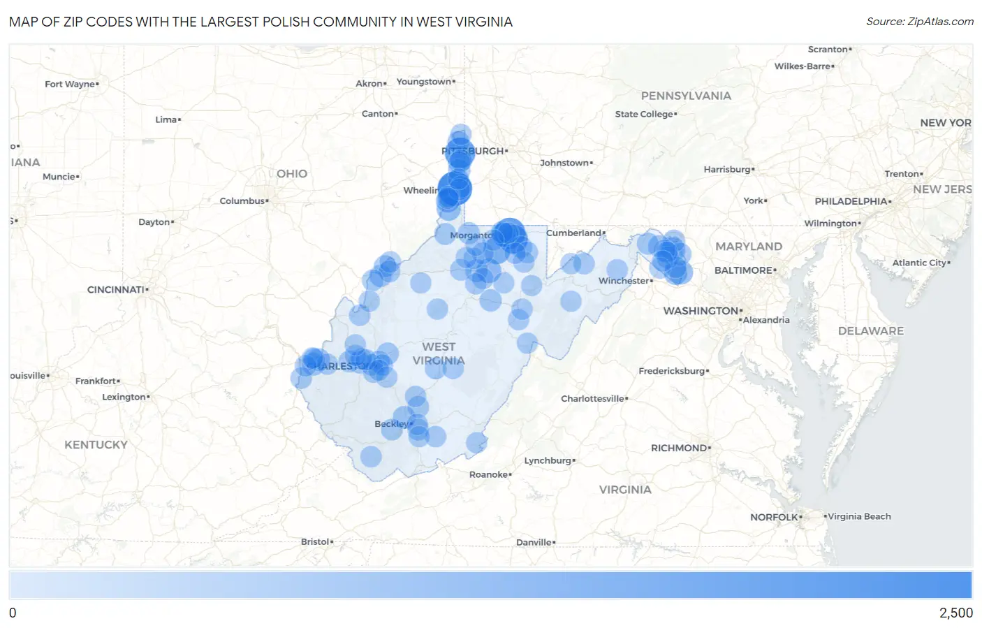 Zip Codes with the Largest Polish Community in West Virginia Map