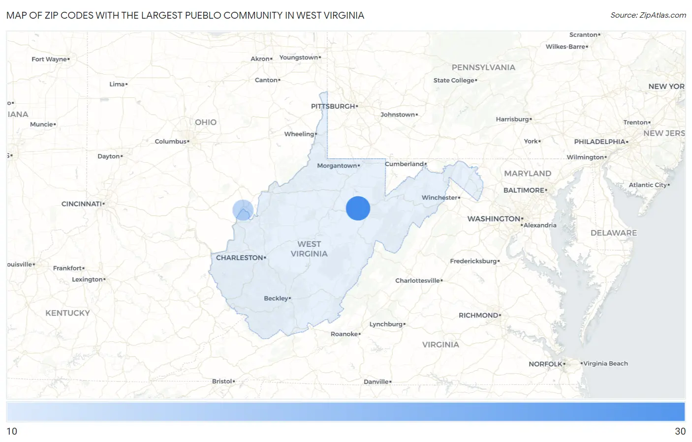 Zip Codes with the Largest Pueblo Community in West Virginia Map