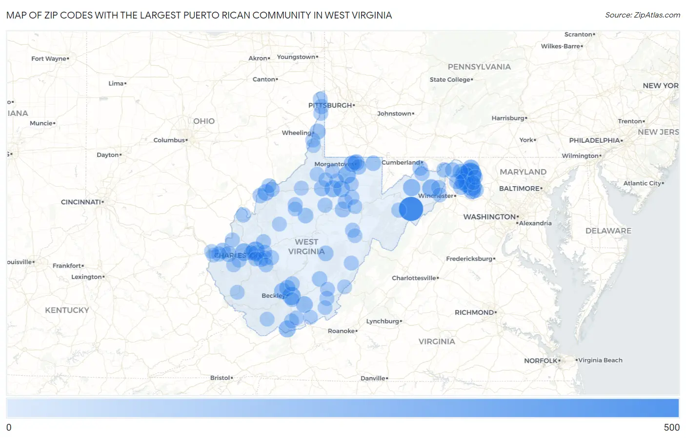 Zip Codes with the Largest Puerto Rican Community in West Virginia Map