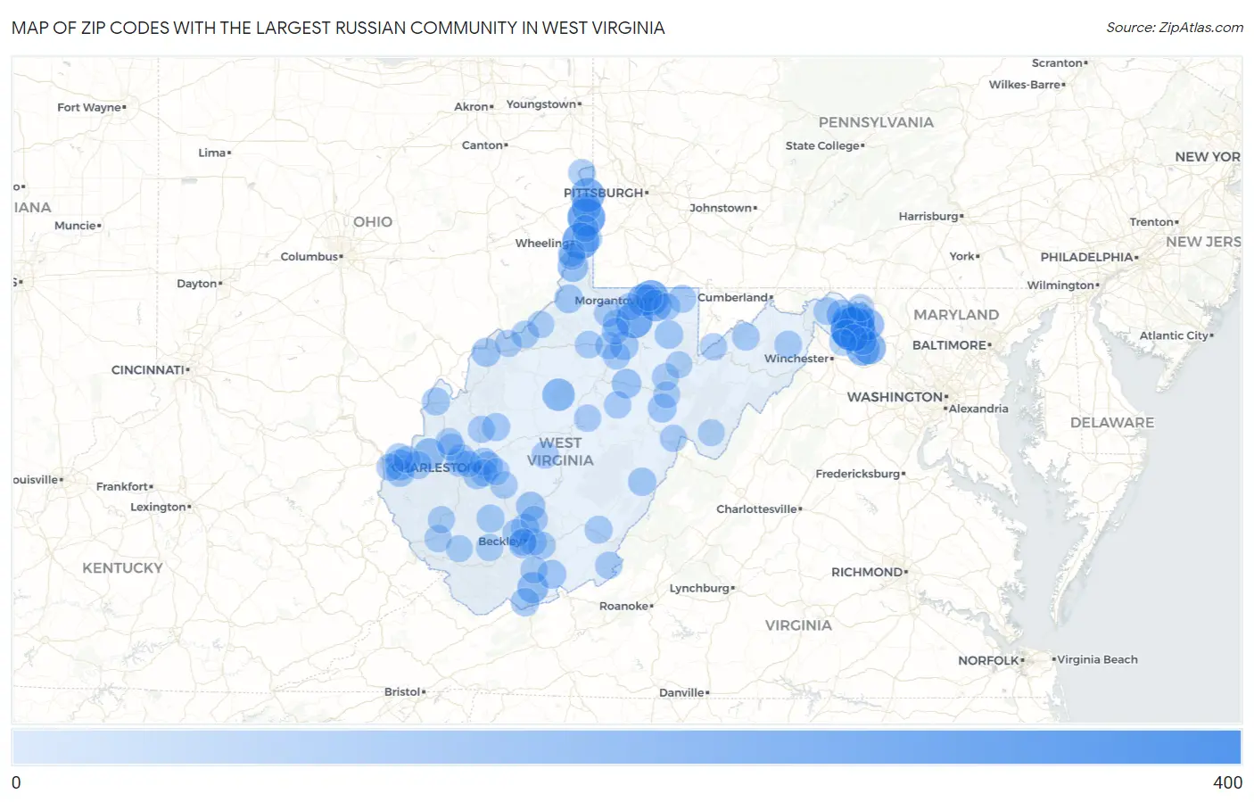 Zip Codes with the Largest Russian Community in West Virginia Map