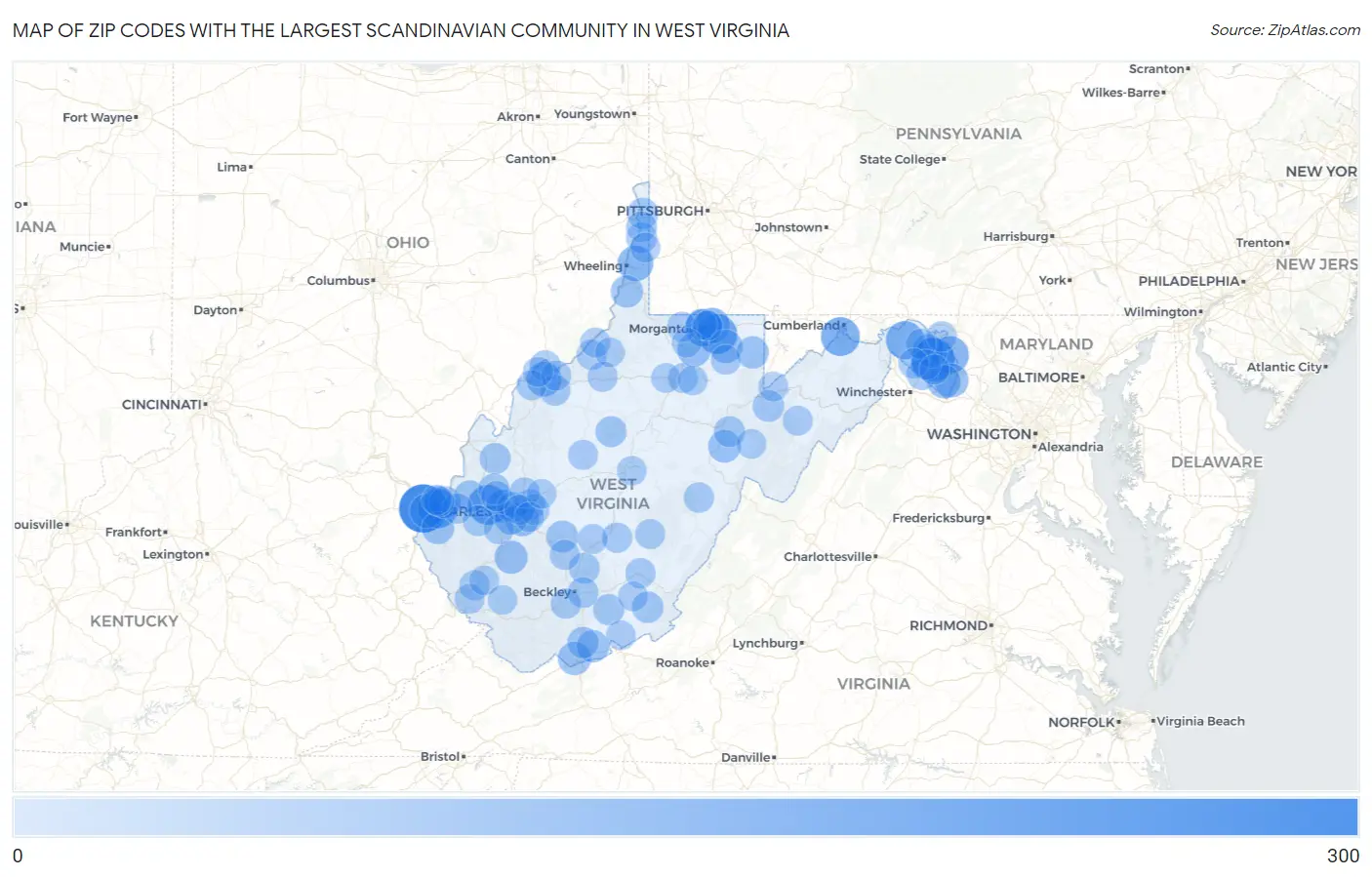 Zip Codes with the Largest Scandinavian Community in West Virginia Map