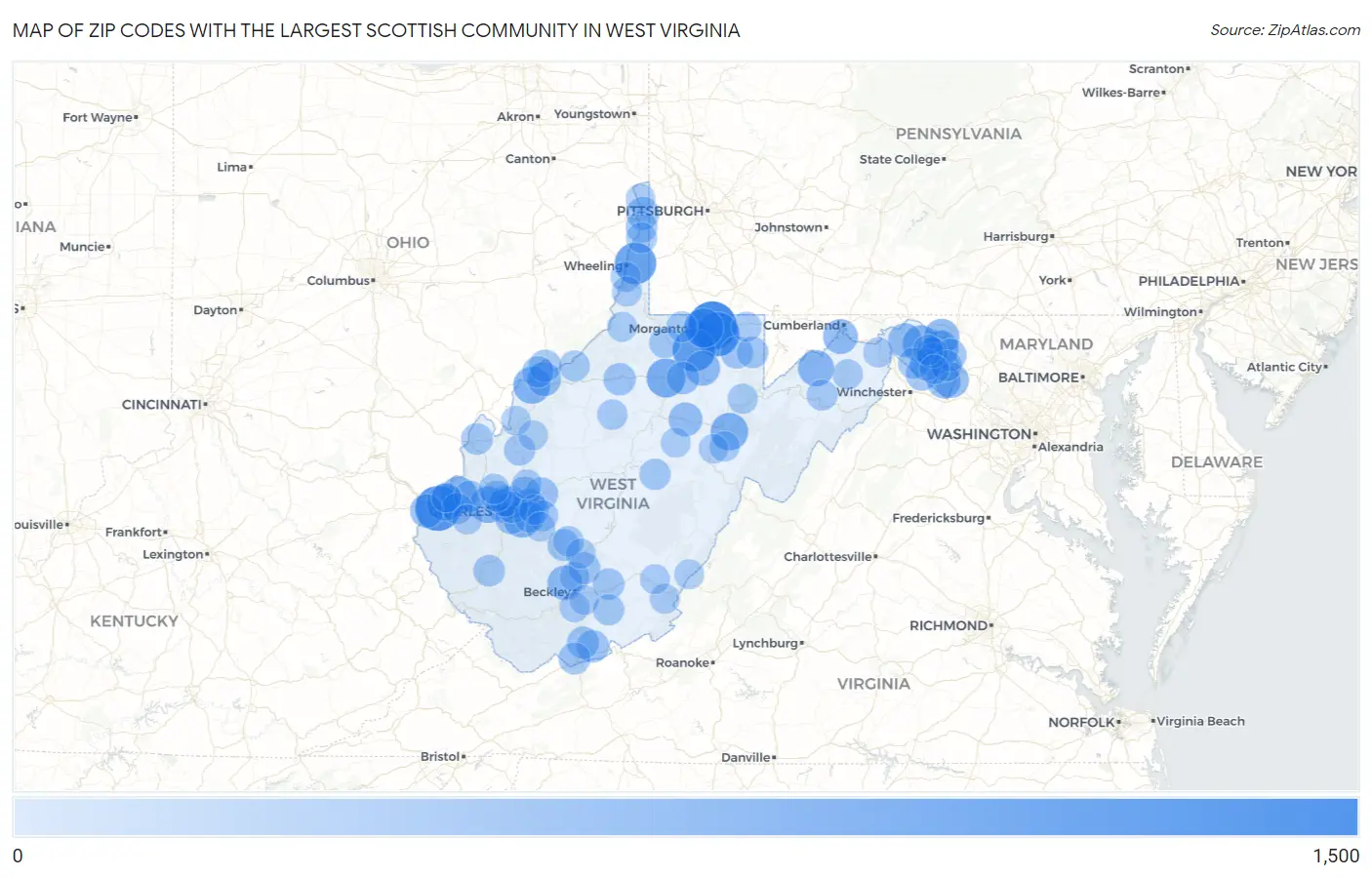 Zip Codes with the Largest Scottish Community in West Virginia Map