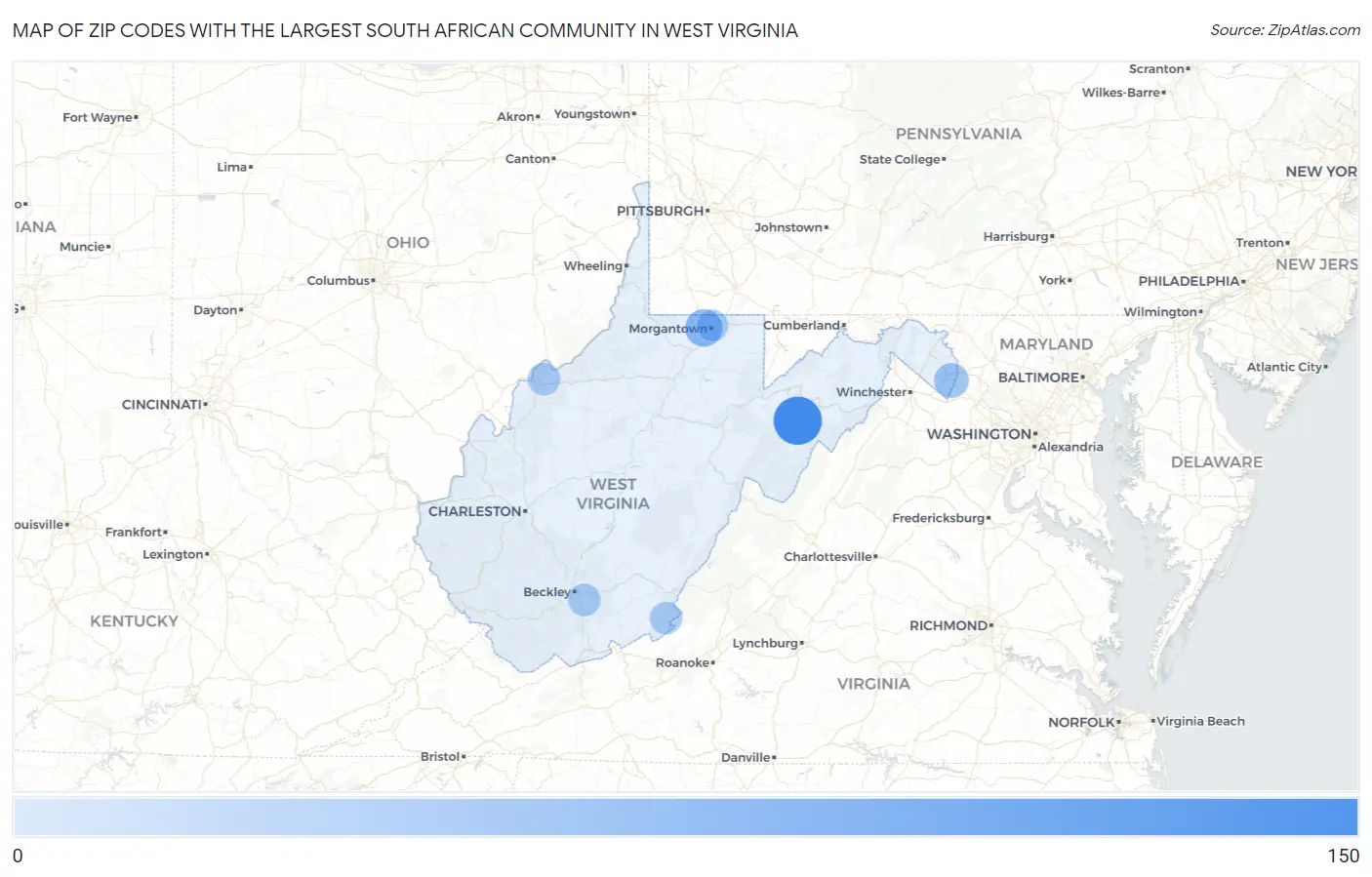 Zip Codes with the Largest South African Community in West Virginia Map
