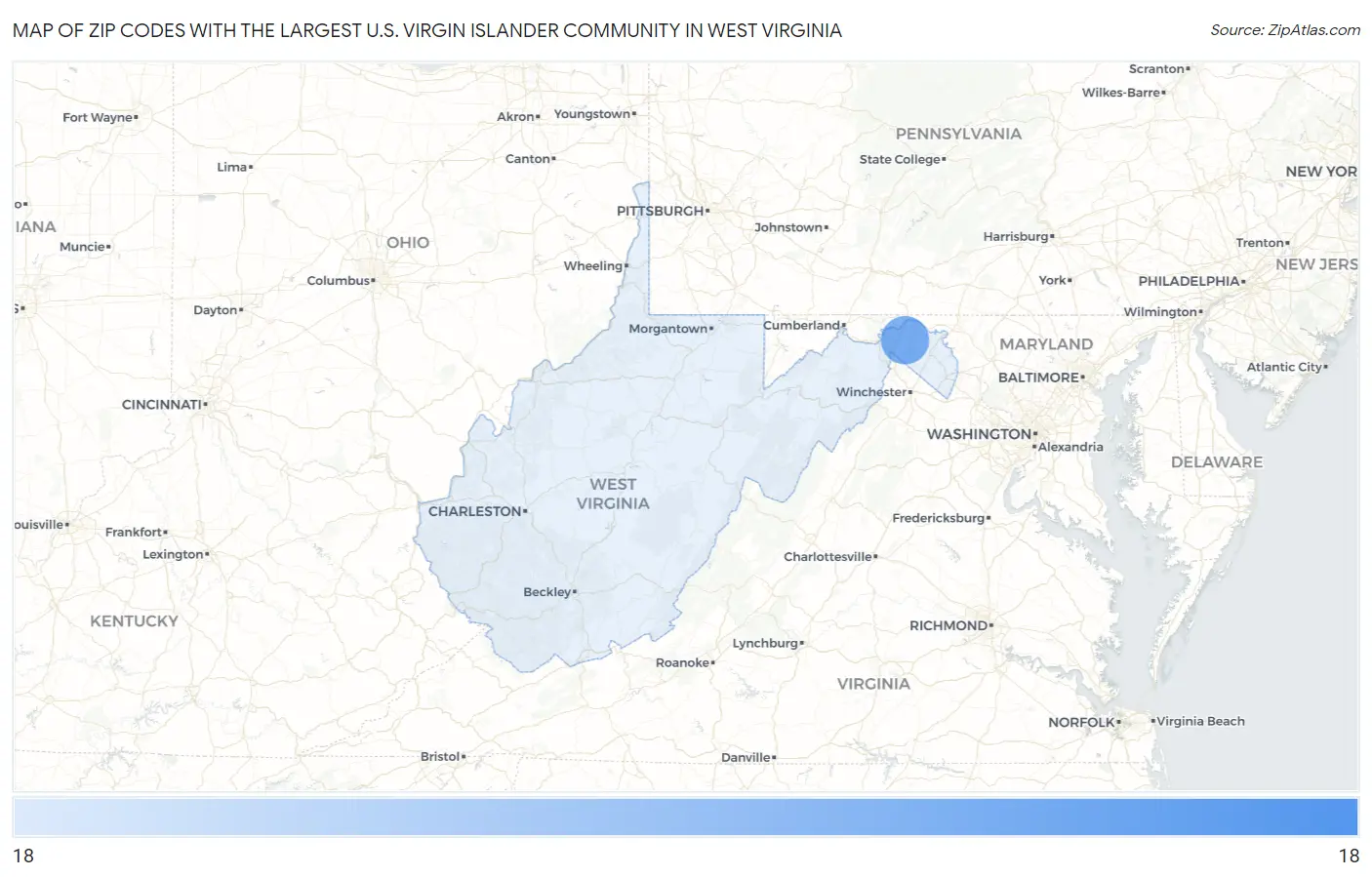Zip Codes with the Largest U.S. Virgin Islander Community in West Virginia Map