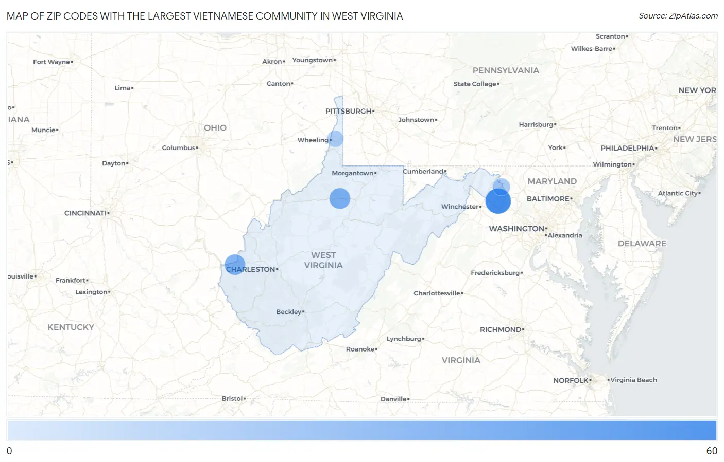 Zip Codes with the Largest Vietnamese Community in West Virginia Map