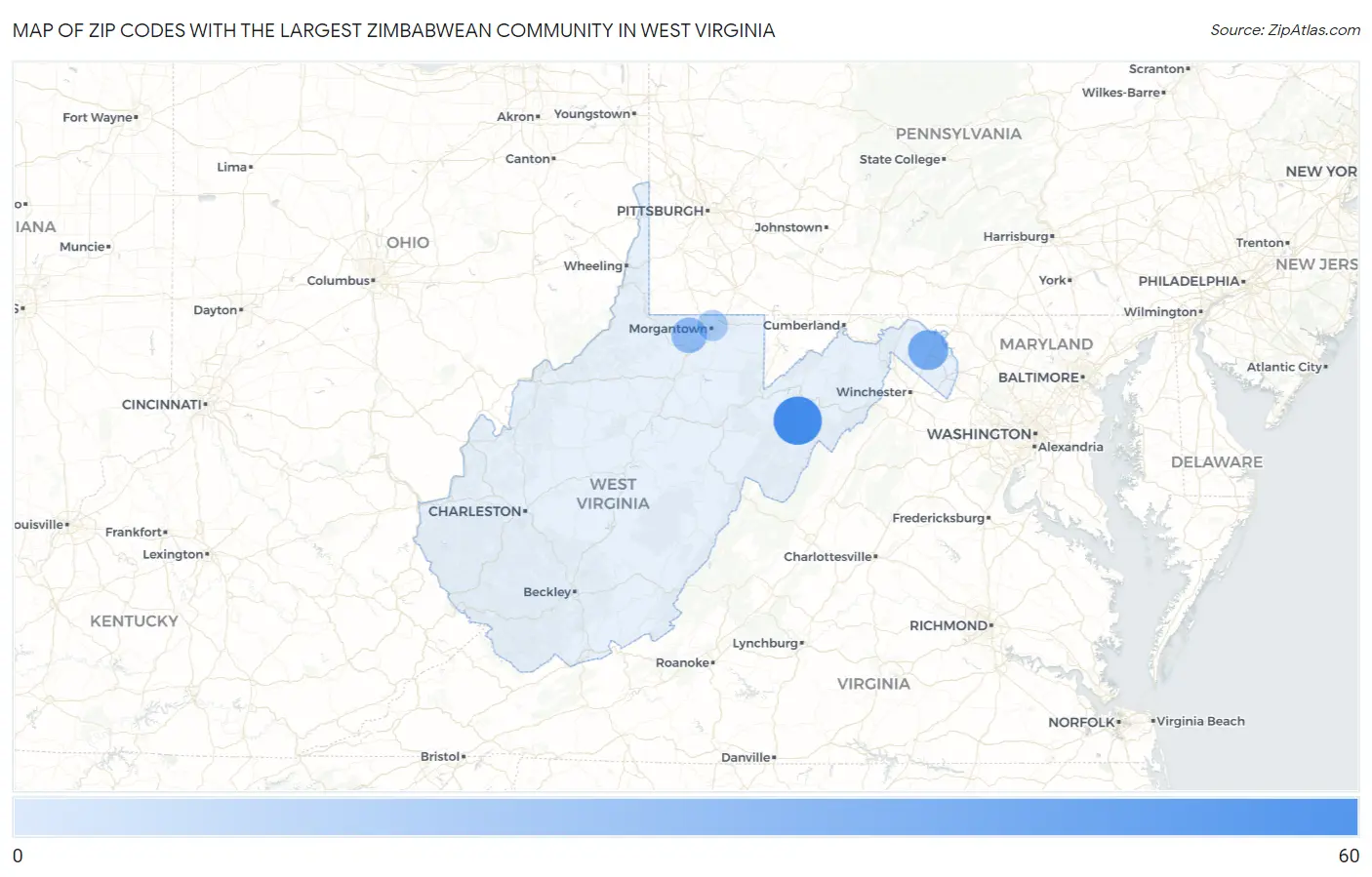 Zip Codes with the Largest Zimbabwean Community in West Virginia Map